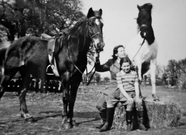 With her beloved horse and beloved daughter, and my cousin Ros's pony "Smokey Joe" at the Owletts Farm in the early 1950's.