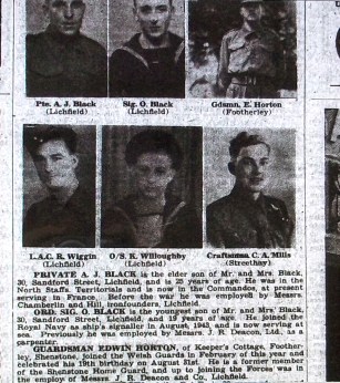 The Lichfield "Mercury", Friday September 15th, 1944: "Guardsman Edwin Horton, of Keeper's Cottage, Footherley, Shenstone, joined the Welsh Guards in February of this year and celebrated his 19th birthday on August 31st.  He is a former member of the Shenstone Home Guard, and up to joining the Forces was in the employ of Messrs. J.R. Deacon and Co., Lichfield.