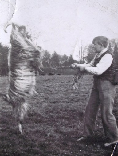 My dad at about the time he was leaving Shenstone school in 1939, with the obstreperous goat, Billy. In the field at Keepers Cottage, Footherley, with the bridge over the Footherley brook in the background.