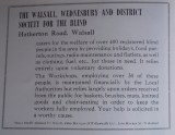 1950s advertisement for the Walsall, Wednesbury and District  Society for the Blind.  As reproduced in "Memories of Walsall by Alton Douglas and Dennis Moore" 