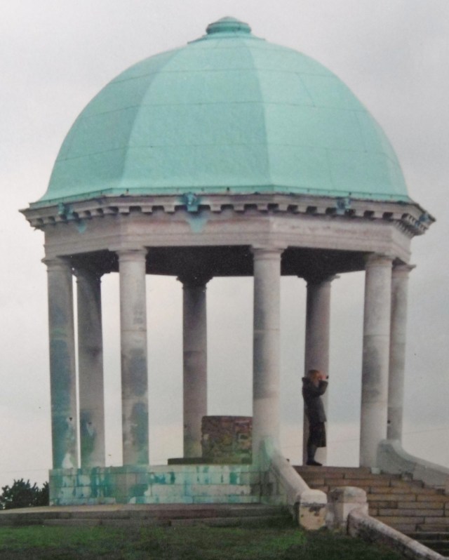 On the 2nd of May 1985 -(date on the back thanks to Mom) - my dad has photographed me staring forth with my binoculars from the Barr Beacon War Memorial (236 metres) on a visit home. It's the highest point - looking east- until you get to the Ural Mountains, one often heard. The copper dome was still weeping real verdigris onto the stone back then, before repeated vandalism forced its replacement with green zinc sheets.